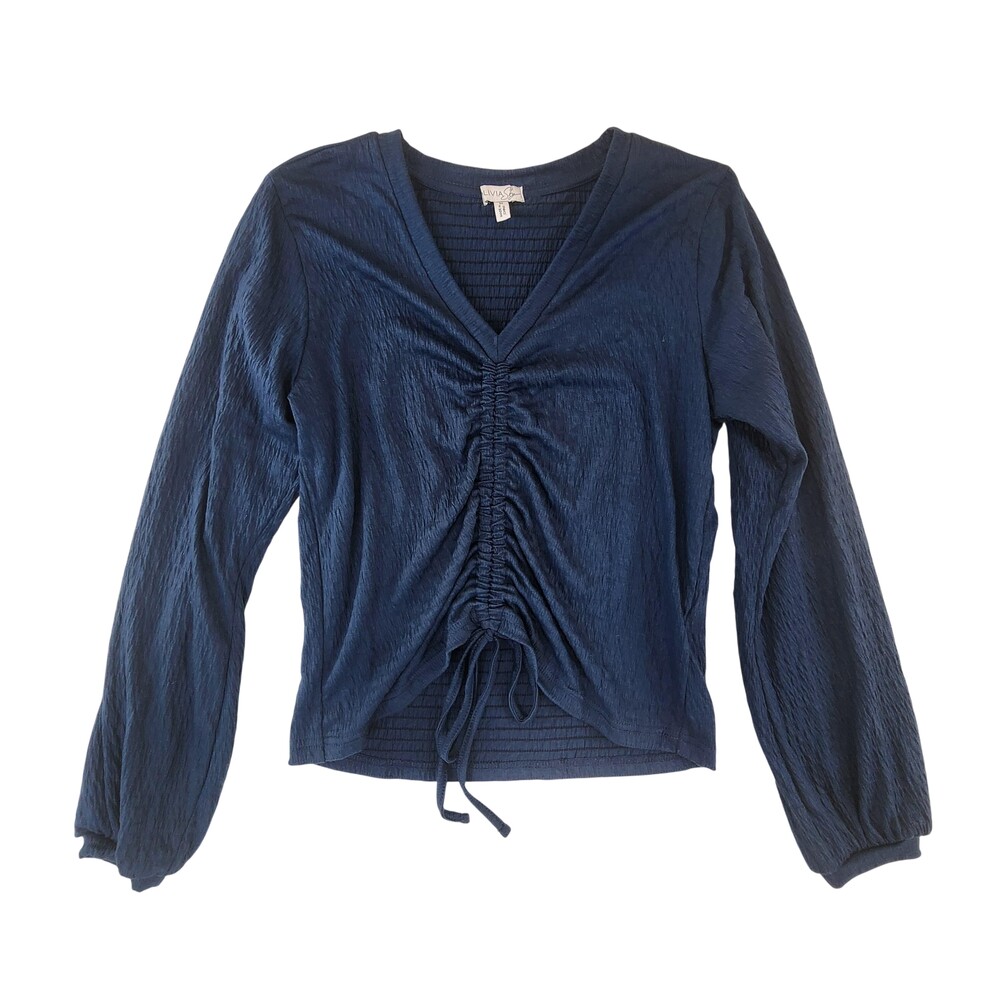 Olivia Sky Shirt Womens Medium Blue V Neck Ruched Front Long Sleeve Jersey Top
